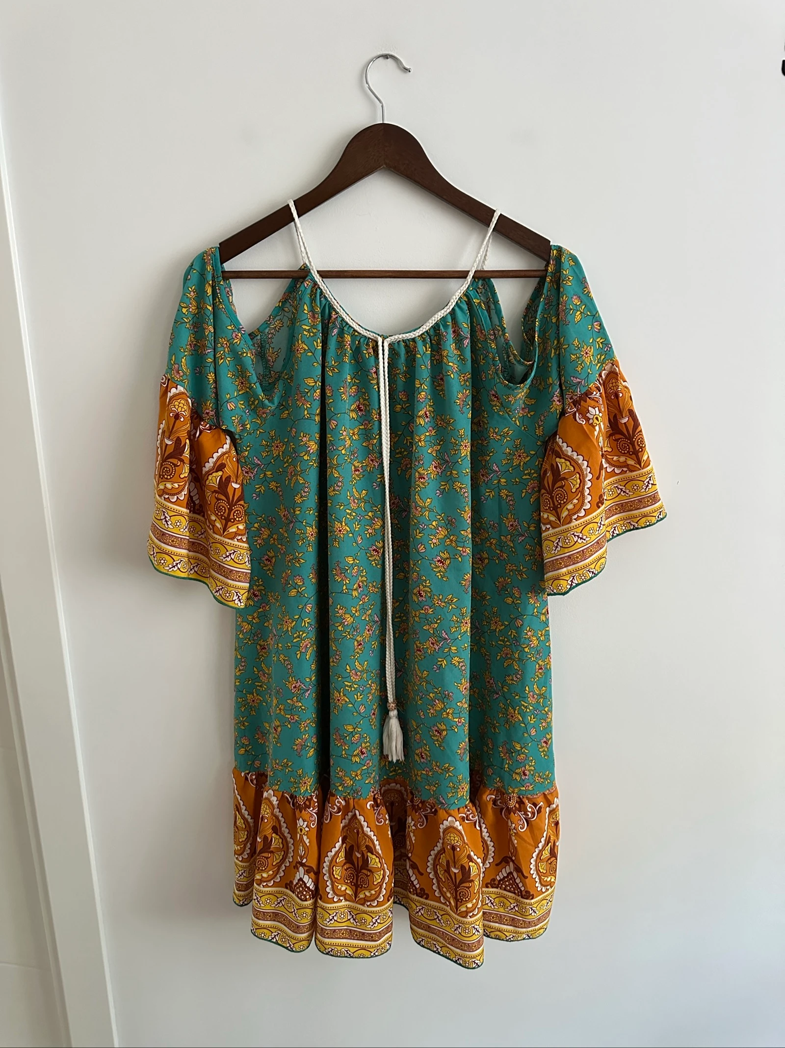 Vestido corto Boho Chic verde turquesa y mostaza / Túnica Ibiza talla L 